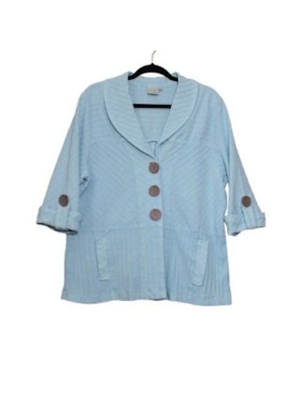 FOCUS | Sky Blue Shawl Collar Button Up Lightweight Shacket 3/4 Sleeve Cotton L